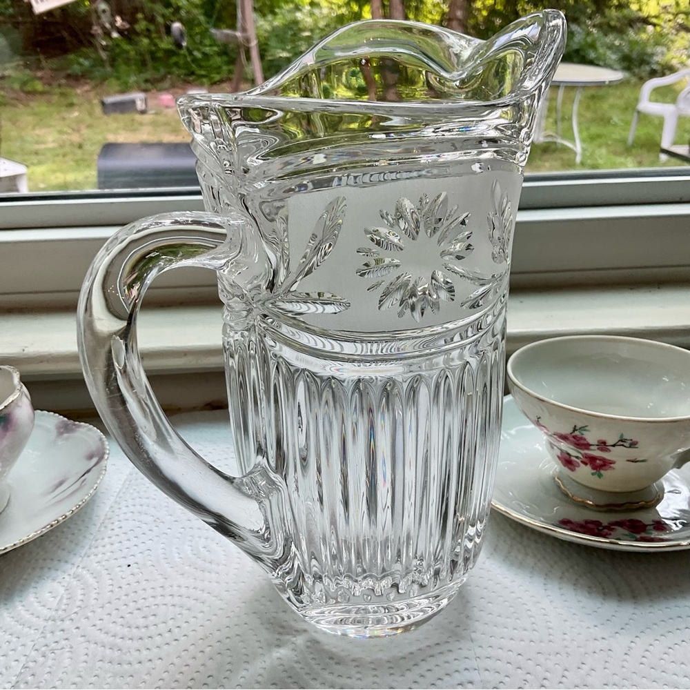 Vintage Crystal Pitcher Frosted Cut Floral Clear Glass Heavy 7" Tall